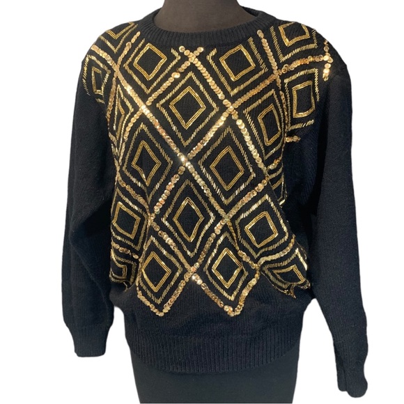 Vintage Alfred Dunner Beaded Sequin Sweater black / gold diamon argyle 70s / 80s - Picture 5 of 9